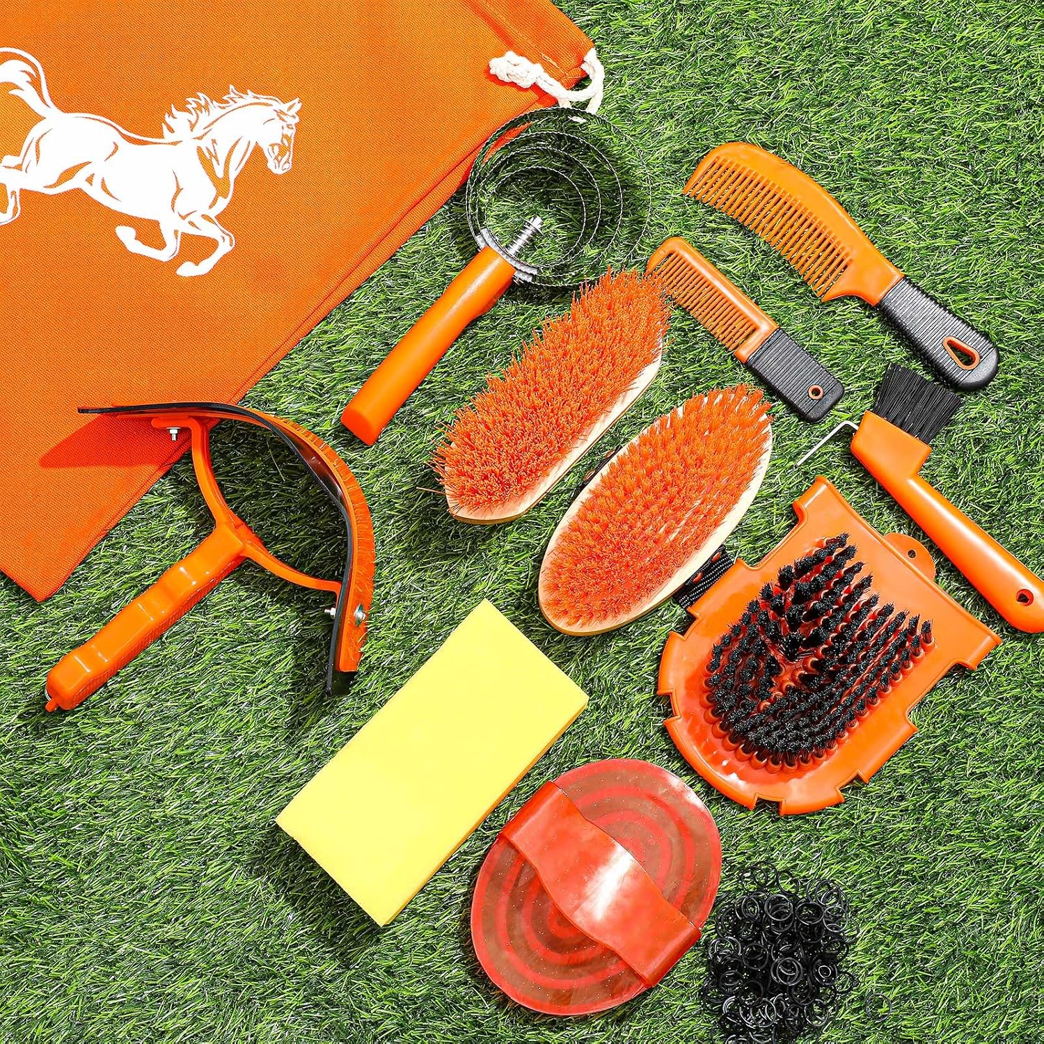 12 Pieces Horse Grooming Kit Equine Care Brushes, Orange