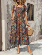 Summer Dresses for Women Flowy Casual Midi Dress Short Sleeve Tiered Dress Beach Vacation Sundresses with Pockets