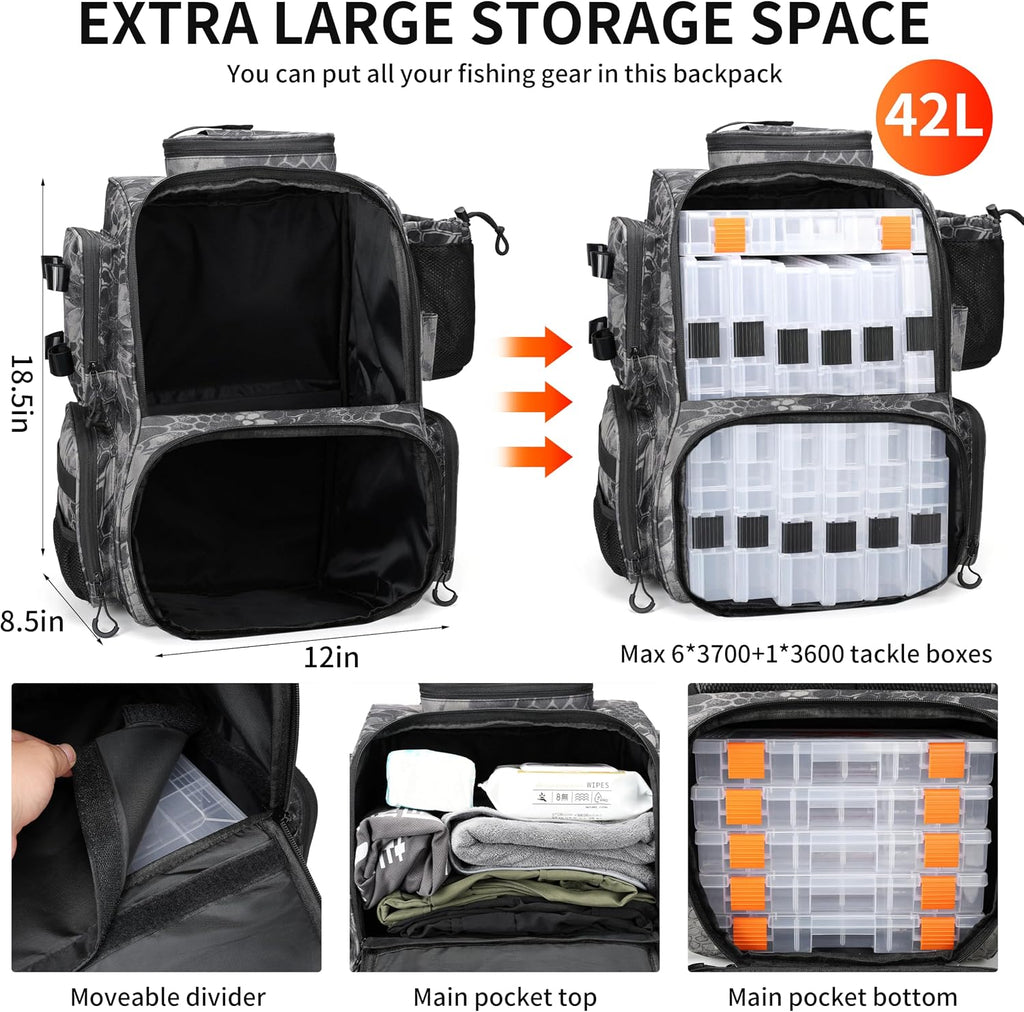 Fishing Tackle Backpack with Rod Holders, Bottle Holder, Storage Bag Store Fishing Gear