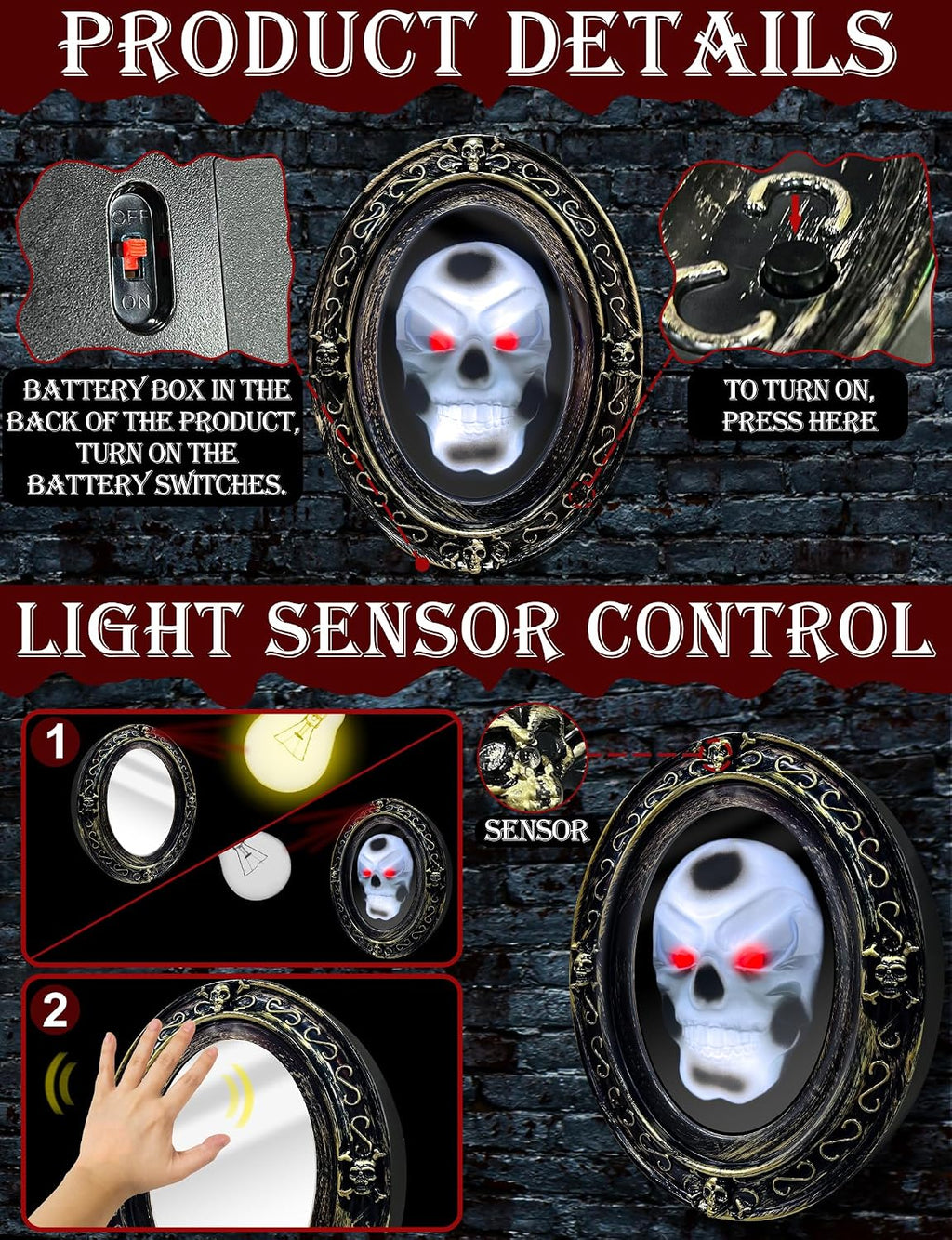 [ Motion Activated & Light Sensor Design ] Halloween Animatronic Talking Haunted Mirror with Creepy Sound and Light
