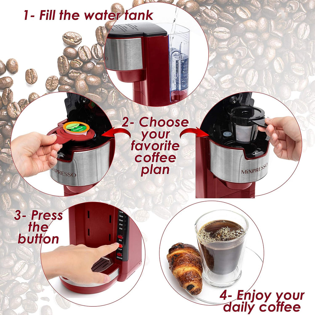 Red Single Serve Coffee Brewer K-Cup Pods Compatible & Ground | 30 oz Compact Coffee Maker Single Serve With 5 Brew