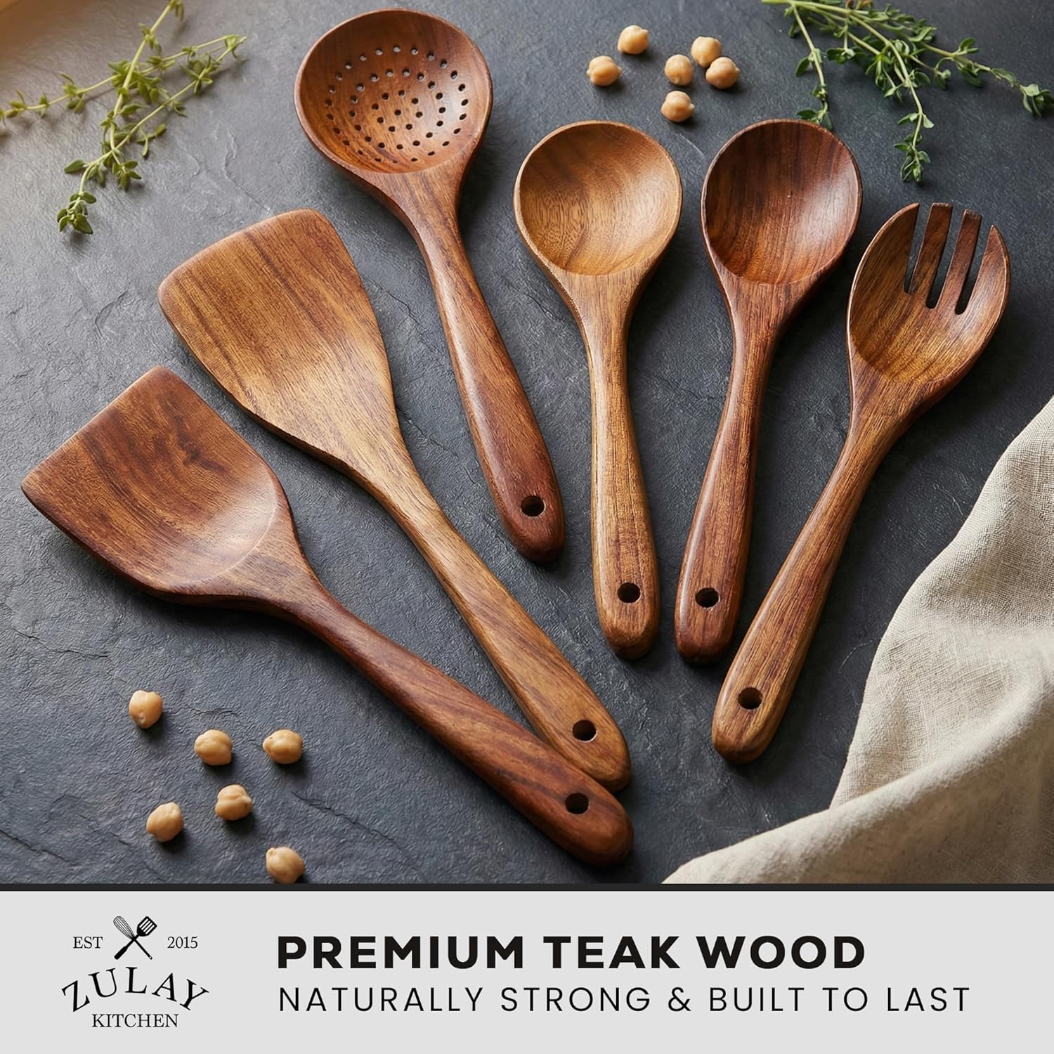 6 Piece Wooden Spoons for Cooking – Natural Teak Wooden Utensil Set, Easy to Clean, Durable, Smooth with Comfort Grip