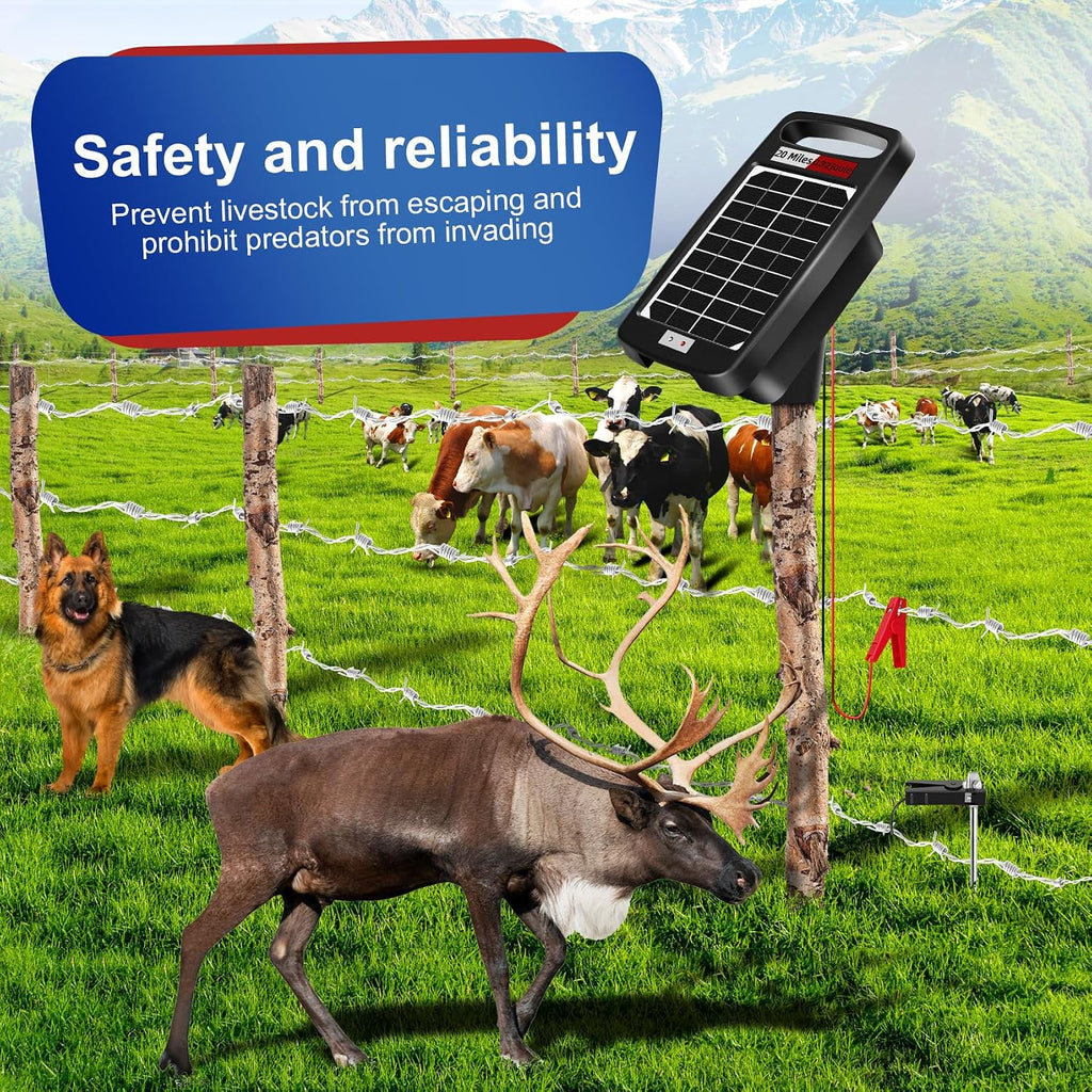 20 Miles Solar Powered Electric Fence Charger, 0.32J for Gardens, Livestock