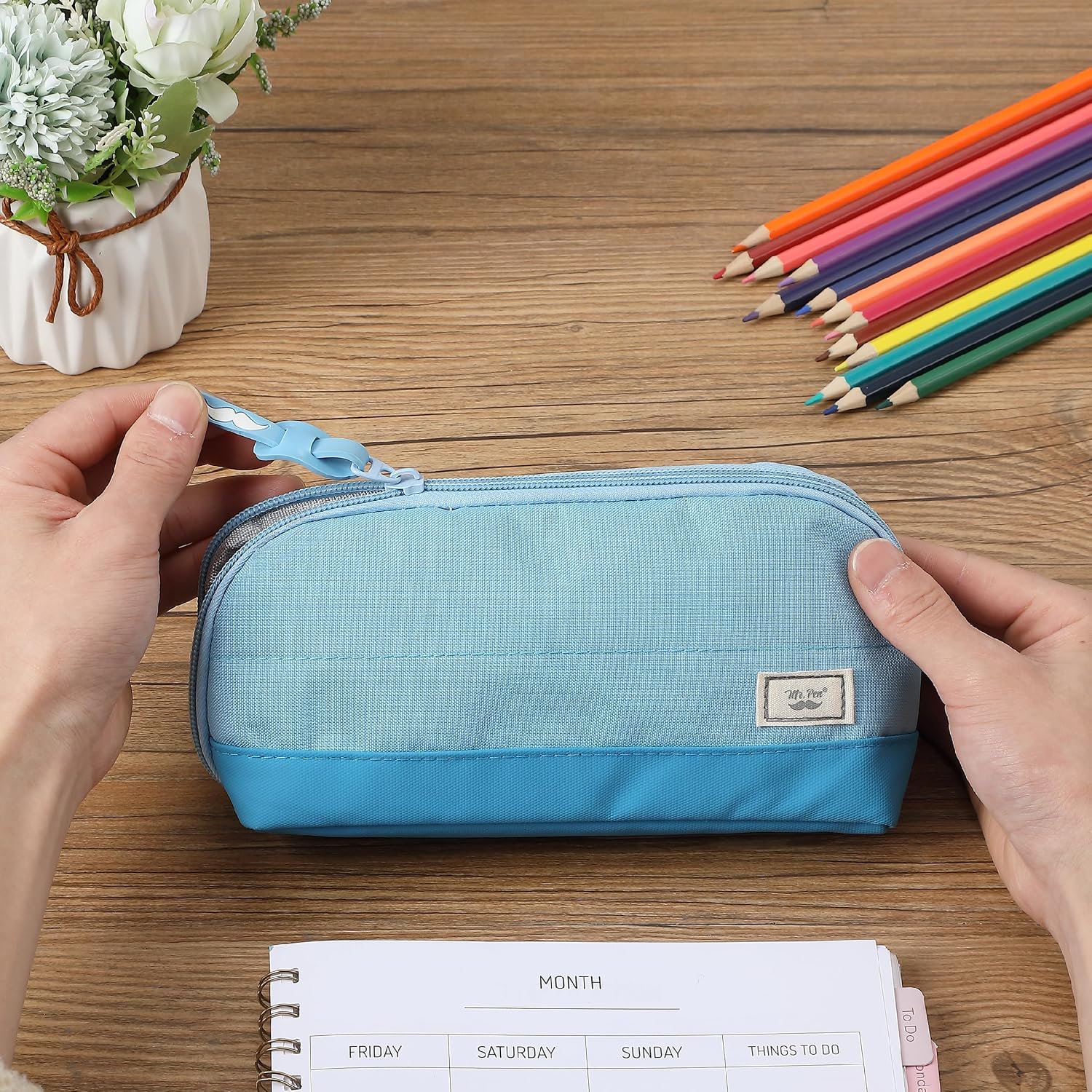 Wide-Opening Pencil Case, Triangle Design | Compact & Spacious Pencil Cases with 5 Mesh Pockets, Bag Pouch, Box