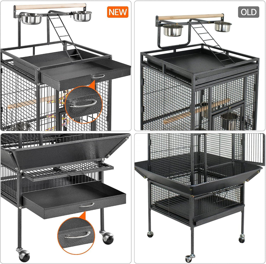 61" Playtop Parrot Bird Cage with Rolling Stand, Wrought Iron Parrot Cage for Cockatiels Quaker Conure Parakeet