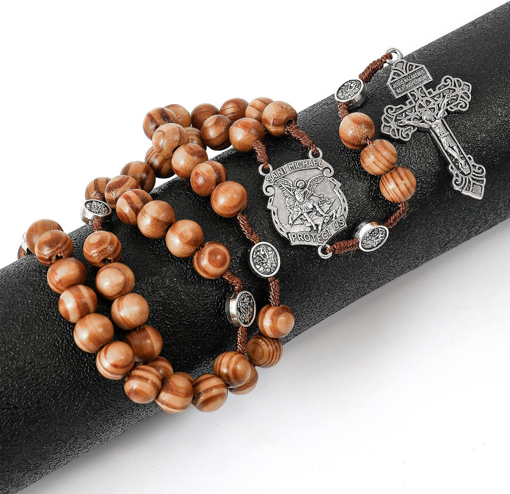 Nazareth Store Sacred St Michael Wood Beads Rosary Solid Wooden Prayer Chaplet with Cross Saint Medal & Silver Pardon