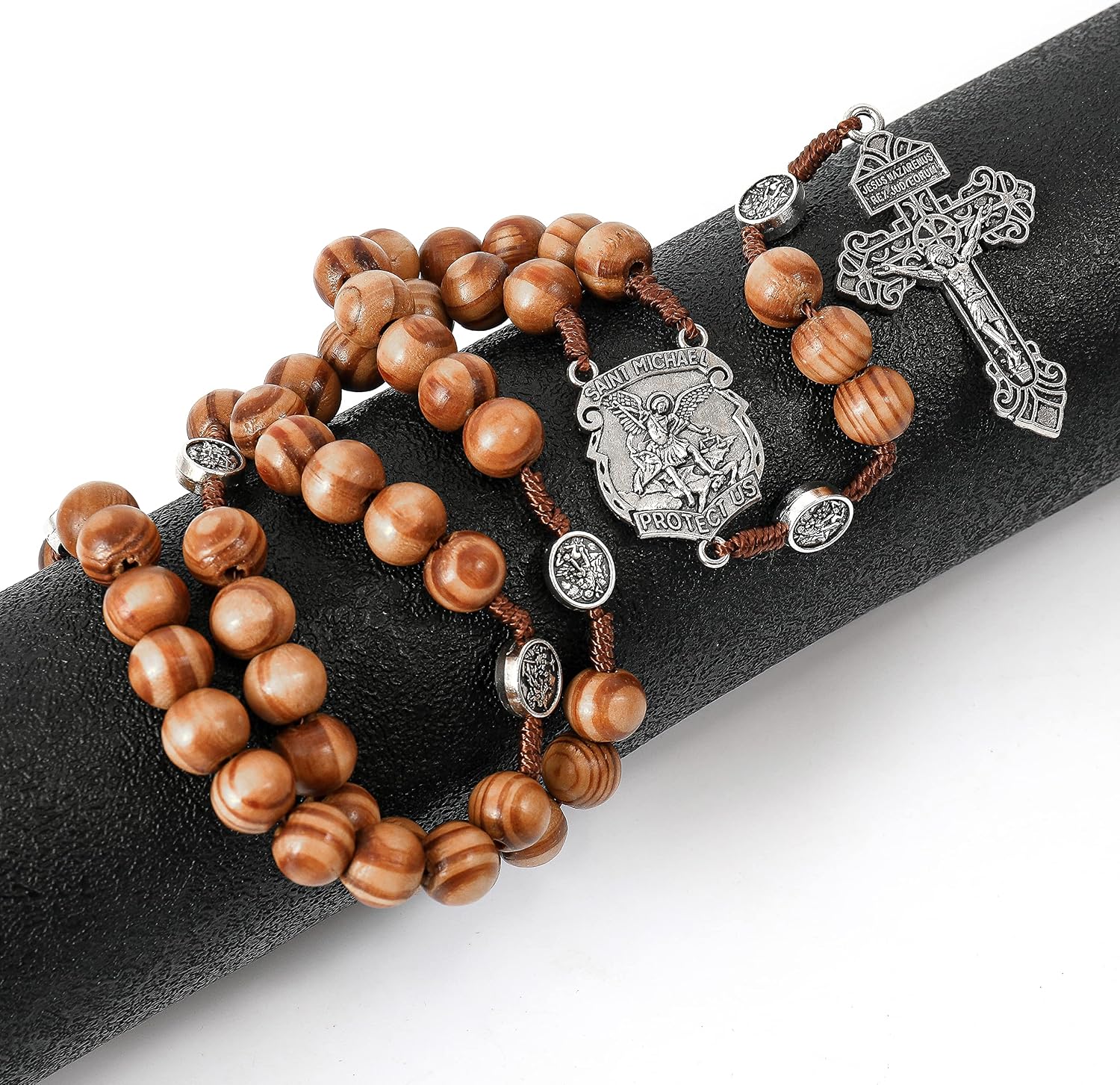 Nazareth Store Sacred St Michael Wood Beads Rosary Solid Wooden Prayer Chaplet with Cross Saint Medal & Silver Pardon