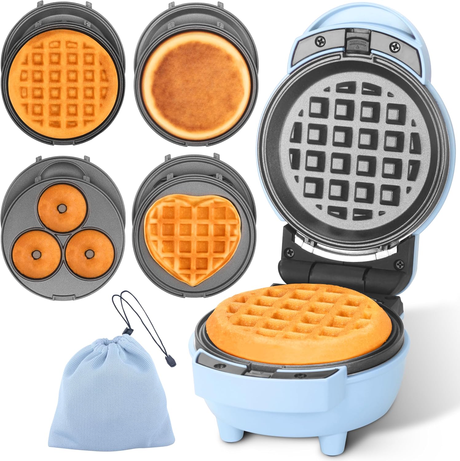 4 in 1 Mini Waffle Maker with Removable Plates, Set Includes Mini Pancake, Donut, Heart Shape Waffle Makers, Compact