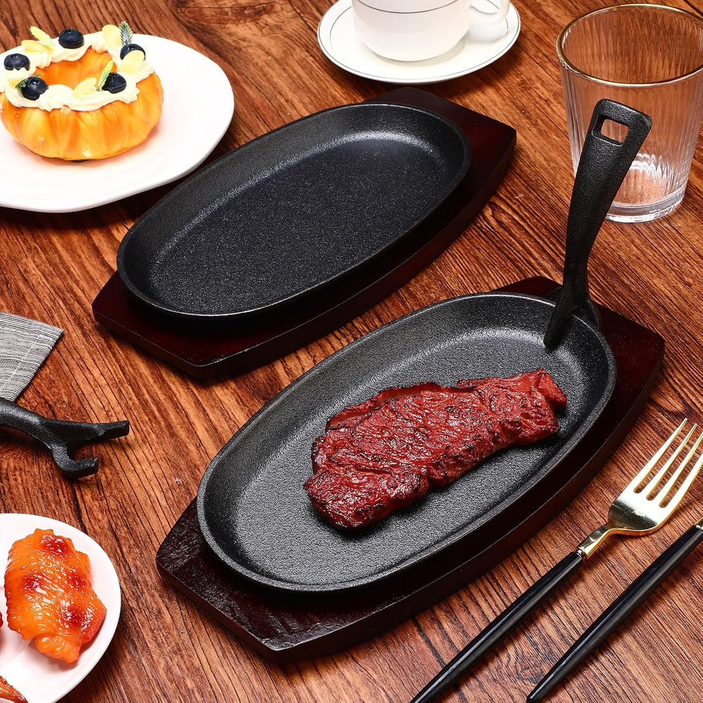 8 Pieces Cast Iron Fajita Skillet Pan Set Sizzling Steak Plate