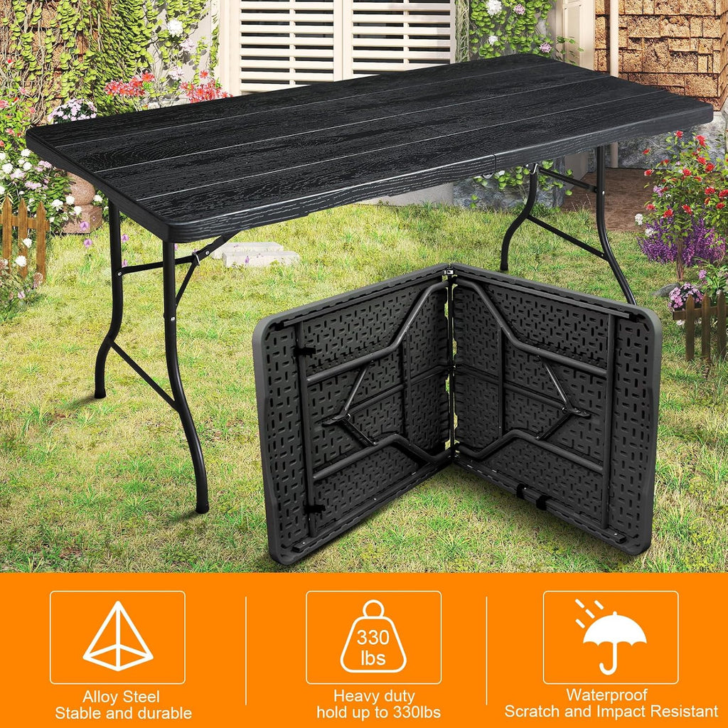 6ft Folding Table, Portable Heavy Duty Plastic Fold-in-Half Utility Table for Indoor/Outdoor Use, Dining, Camping