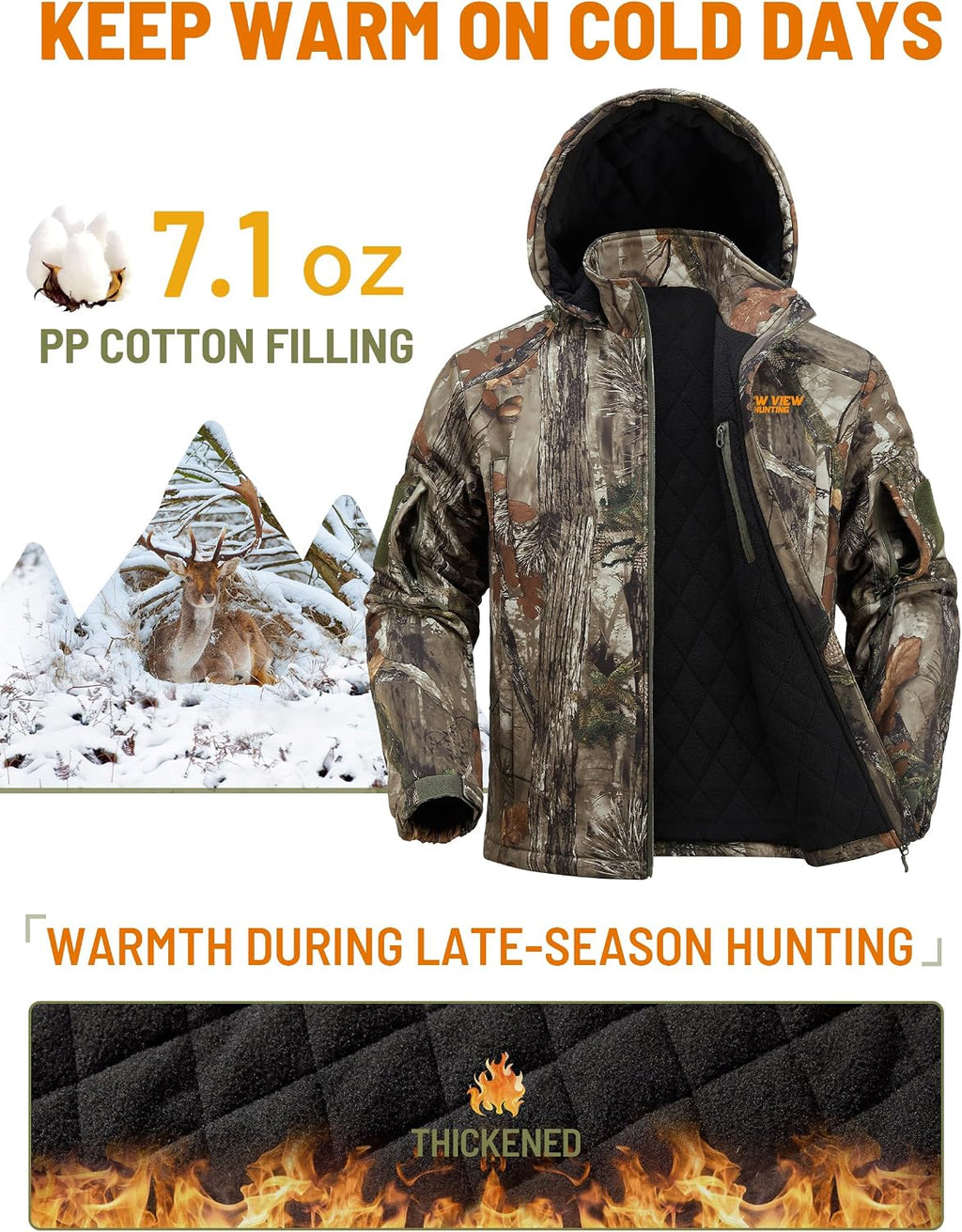 Insulated Hunting Jacket for Men Cold Weather, Warm Camo Hunting Jackets with Hood, Water Resistant Hunting Clothes