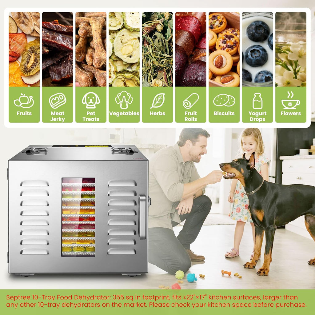 Commercial 10 Trays Food Dehydrator Machine for Jerky and Herbs Usable Area up to 24.65ft² and 194℉ Temperature 1000W