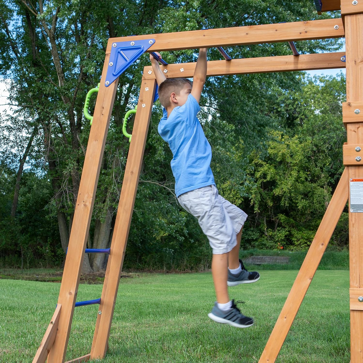 Beach Front Cedar Wood Swing Set with Wave Slide, Play Deck, Monkey Bars, Rock Wall Ladder, Shaded Picnic Area, Snack