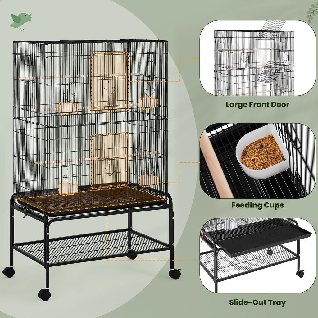 53'' Large Bird Cage Budgie Cage for Parakeets Cockatiels Conures Lovebirds Parrots with Rolling Stand