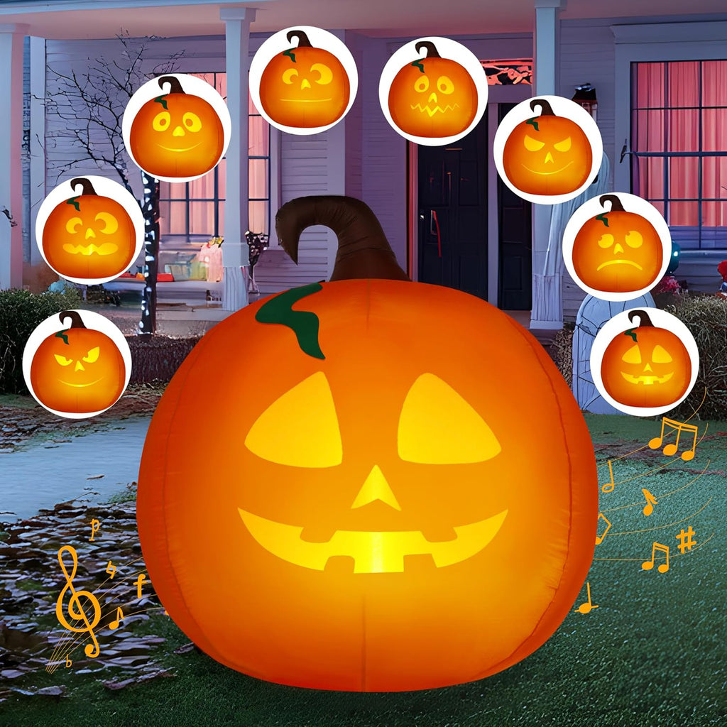 5 Ft Tall Halloween Inflatable Pumpkin Outdoor Decoration, Blow Up Pumpkin with Projector Face and Music, Blow Up