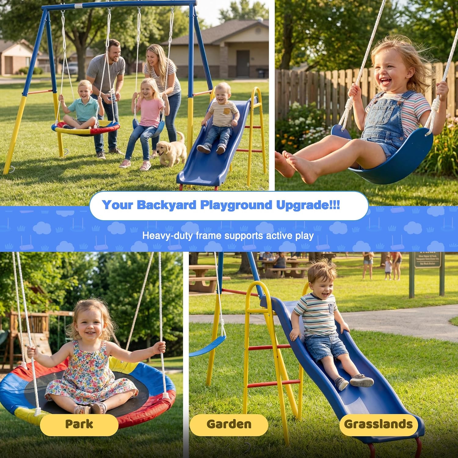 Swing Set for Backyard, 3 in 1 Metal A-Frame Swing Set with Slide, Saucer Swing & Belt Swing for Kids, Outdoor