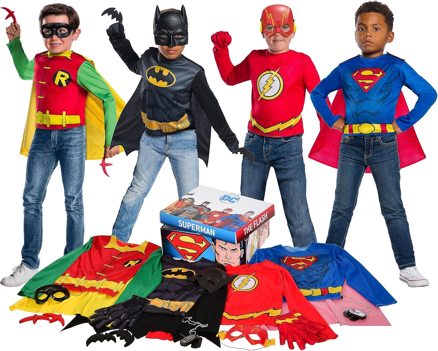DC Comics Superheroes: Superman, The Flash, Batman & Robin Dress Up Trunk for Kids, Boy's Small