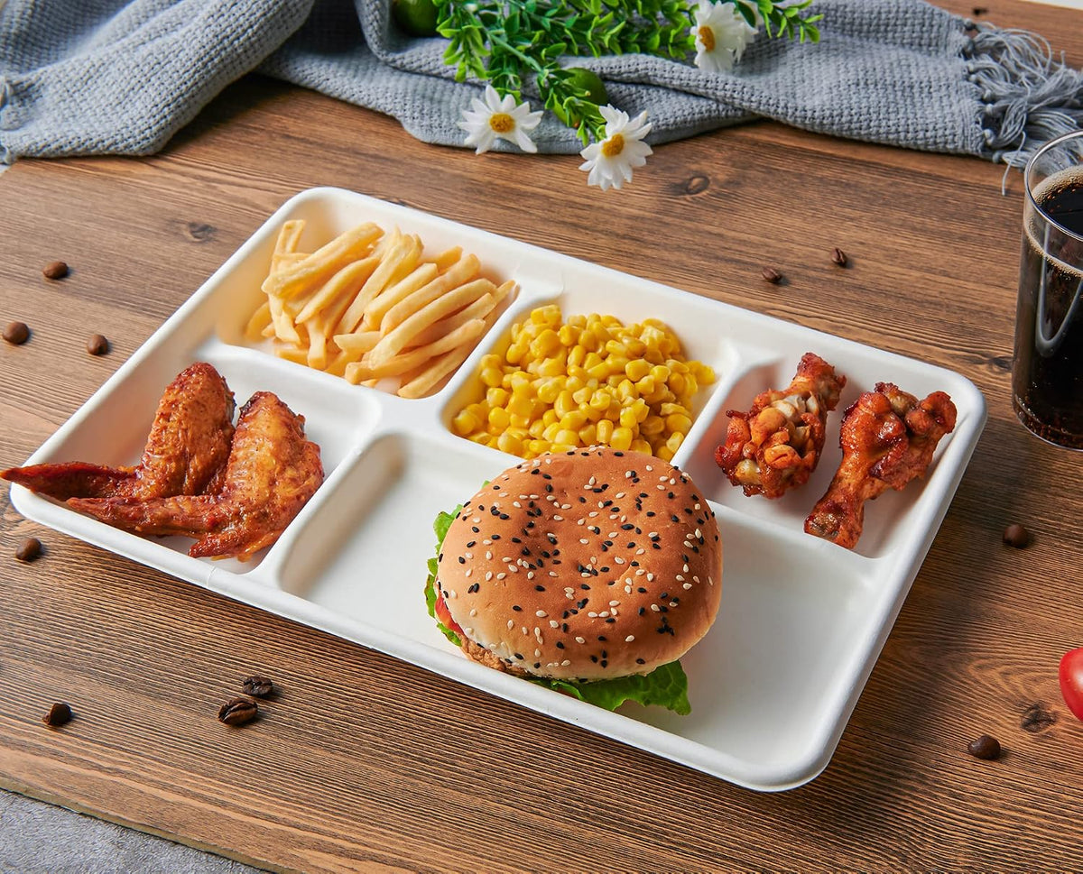 Compostable 5 Compartment Paper Plates, 100 Pack, 12.5 x 8.6 inch