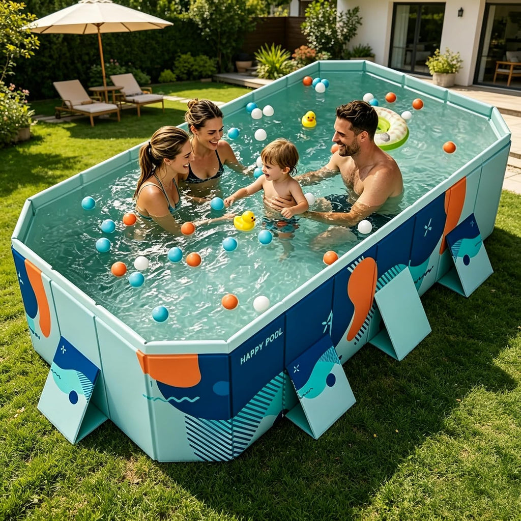 Foldable Swimming Pool, Rectangular Above Ground Swimming Pool for Outdoor Family Square Pool with Drain Plug and