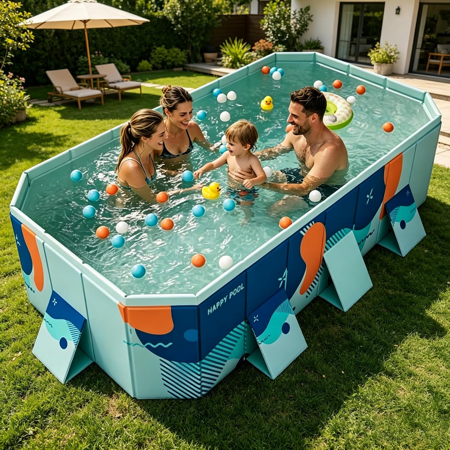 Foldable Swimming Pool, Rectangular Above Ground Swimming Pool for Outdoor Family Square Pool with Drain Plug and