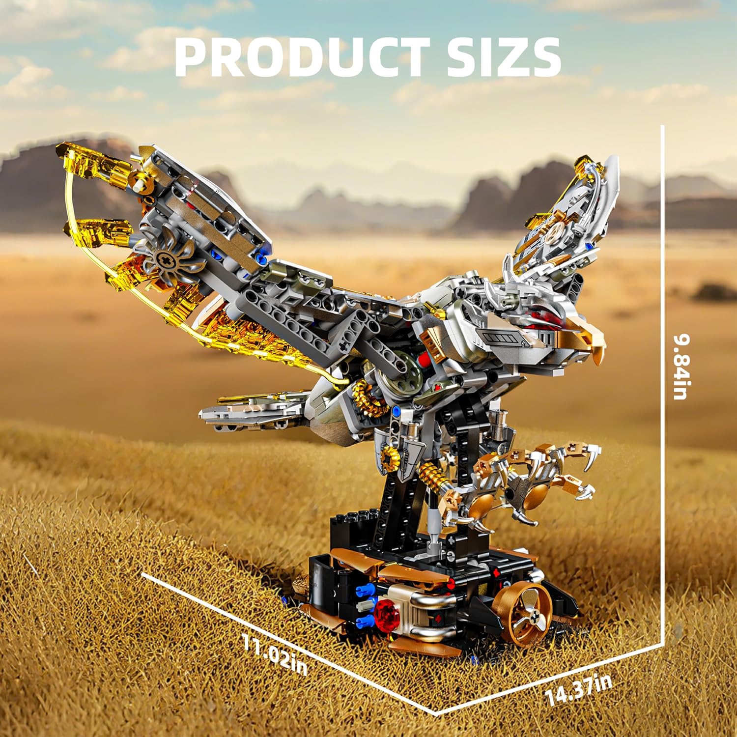 1168-PCS Mechanical Eagle Building Block Set with LED Light, Movable Linkage Gears, Display Stand - Animals Building
