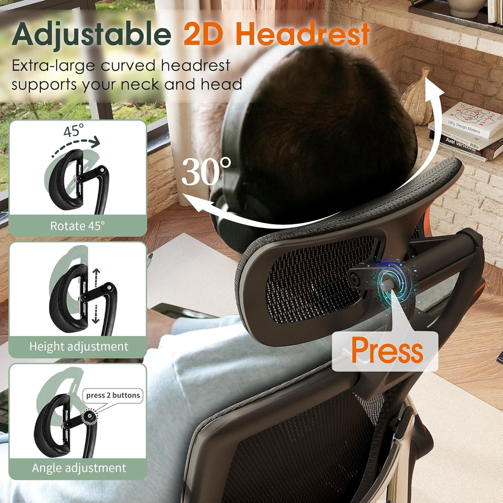 Ergonomic Office Chair, High Back Home Desk Chair with Headrest, Flip-Up Arms, 90-120° Tilt Lock and Wide Cushion