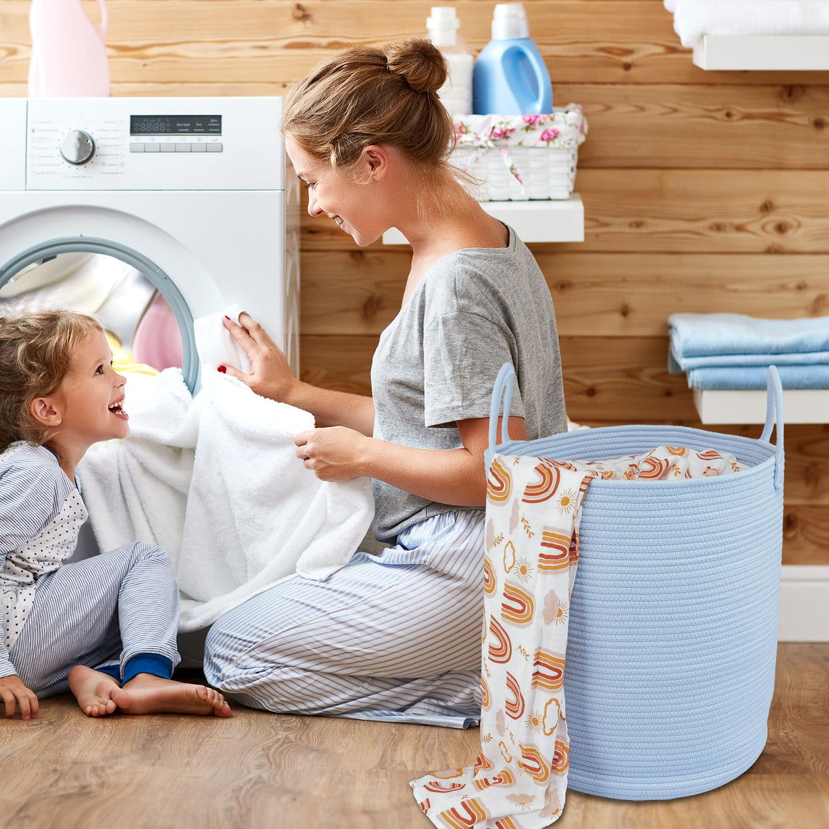 Cotton Rope Laundry Basket Hamper for Clothes, light blue