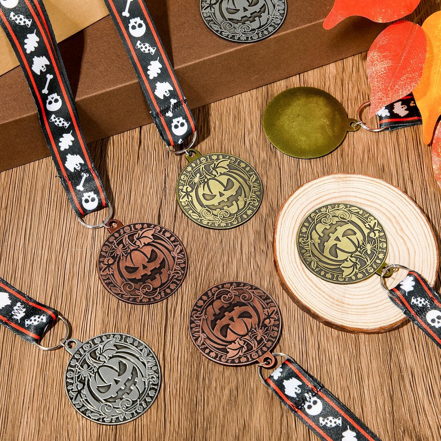 36 Pcs Halloween Pumpkin Medals Bulk 2 Inch Metal Halloween Awards Medals Pumpkin Trophy with Neck Ribbons, Gold