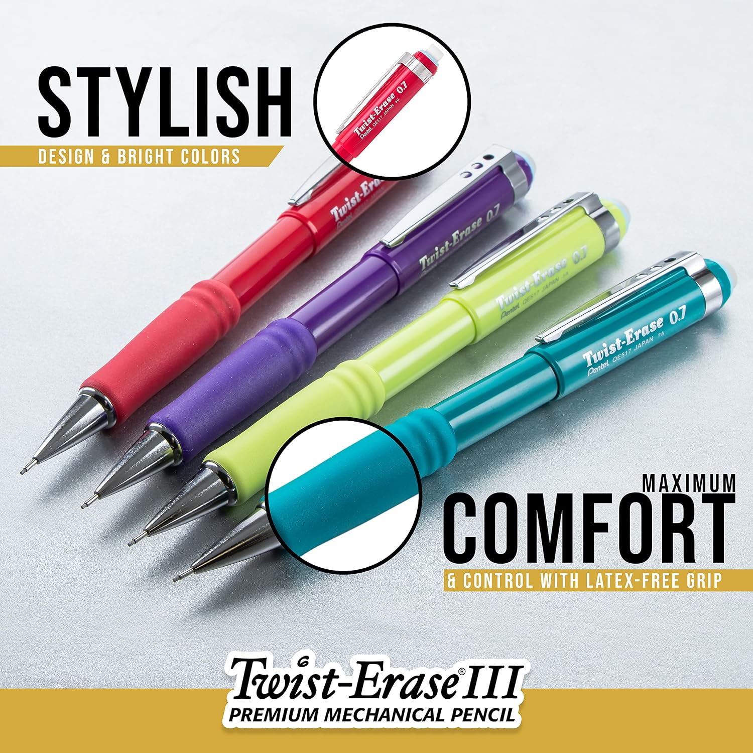Twist-Erase III Mechanical Pencil, (0.7mm), Medium Line, Assorted Fashion Color Barrels, Pack of 4 (QE517FBP4M)
