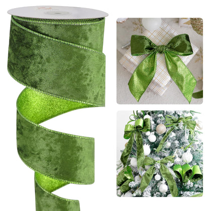 Olive Green Velvet Wired Ribbon - 2.5 Inch x 10 Yards (30 Feet) - Christmas, Thanksgiving & More - Velvet with Lime
