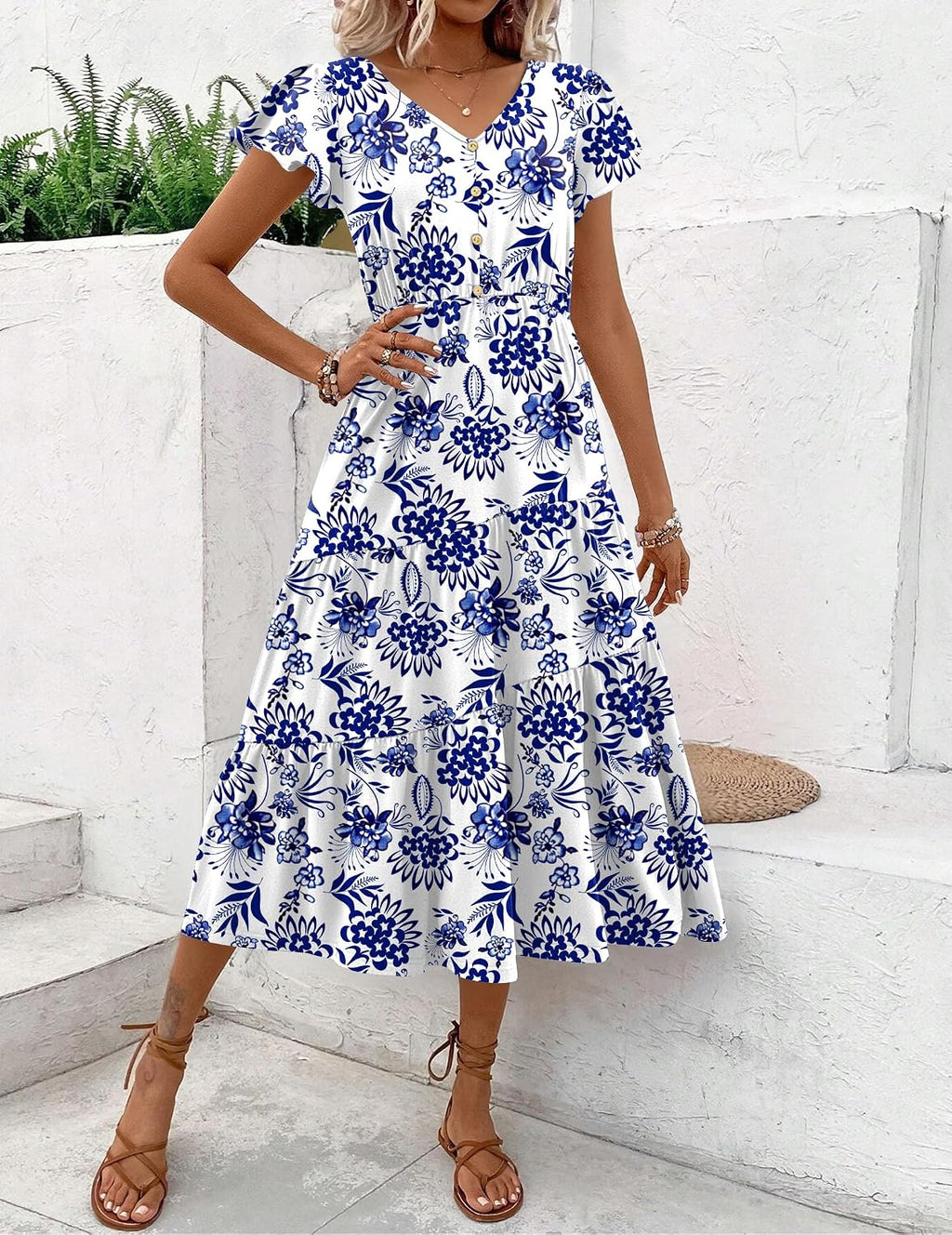 Women's Summer Casual Dress Flutter Short Sleeve V Neck Button Down Tiered Flowy Long Dress with Pockets
