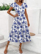 Women's Summer Casual Dress Flutter Short Sleeve V Neck Button Down Tiered Flowy Long Dress with Pockets
