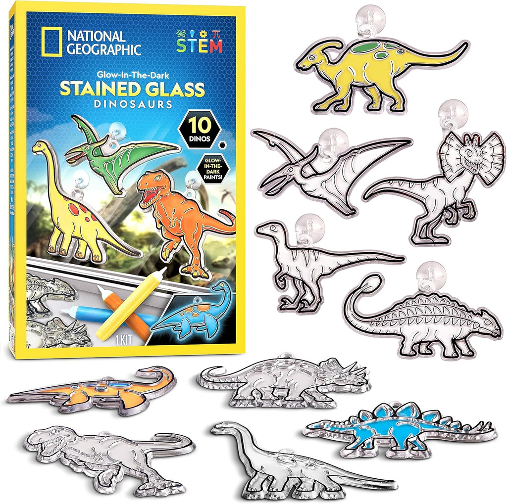 National Geographic Dinosaur Stained Glass Suncatcher Craft Kit for Kids | Glow-in-the-Dark Dinosaur Toy, Window Art