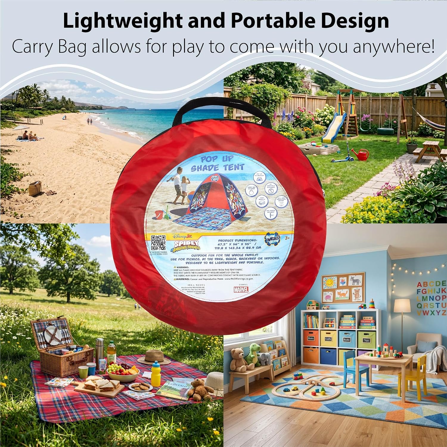 Marvel Spidey and His Amazing Friends Pop Up Tent for Kids, Outdoor Portable Play Tent with UV Sun Shade, Easy Setup