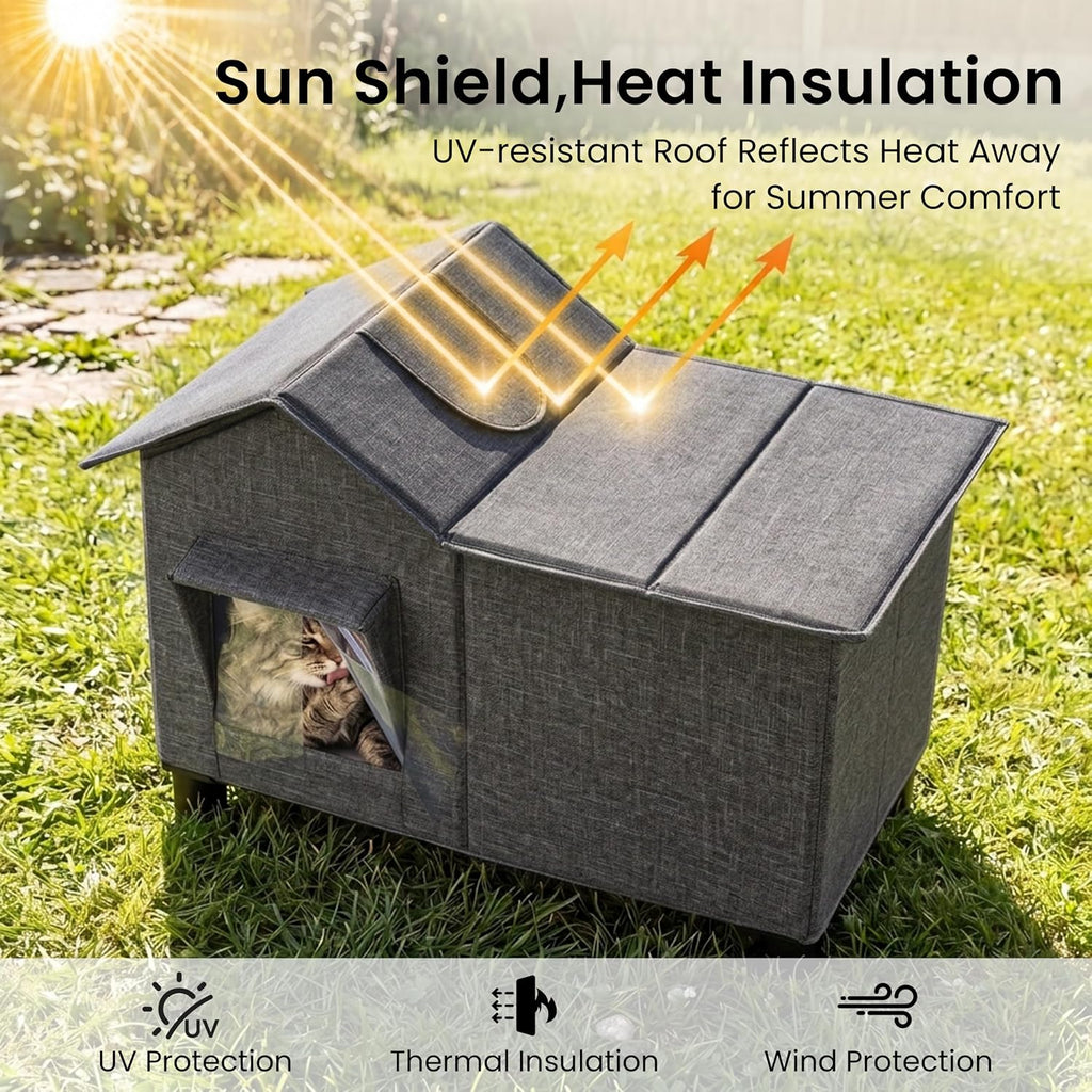 Outdoor Cat House Weatherproof Elevated Cat Bed, Grey, Large