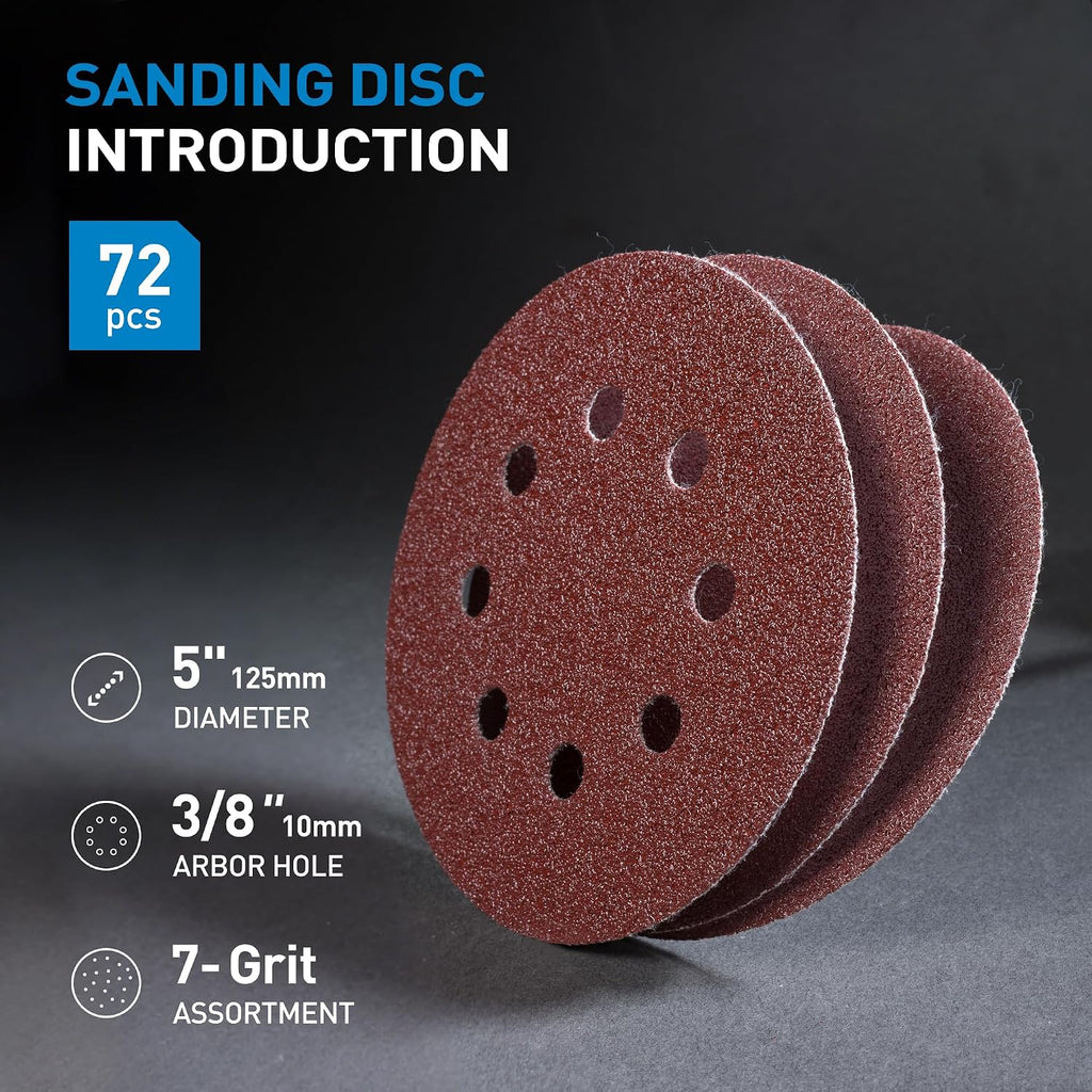72 PCS 5 Inch 8 Hole Hook and Loop Adhesive Sanding Discs Sandpaper for Random Orbital Sander 40 60 80 120 180 240