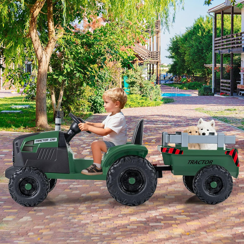 24V Ride on Tractor with Detachable Trailer, Kids' Electric Vehicles with 3 Speeds, 15° Climbing, Wireless Design