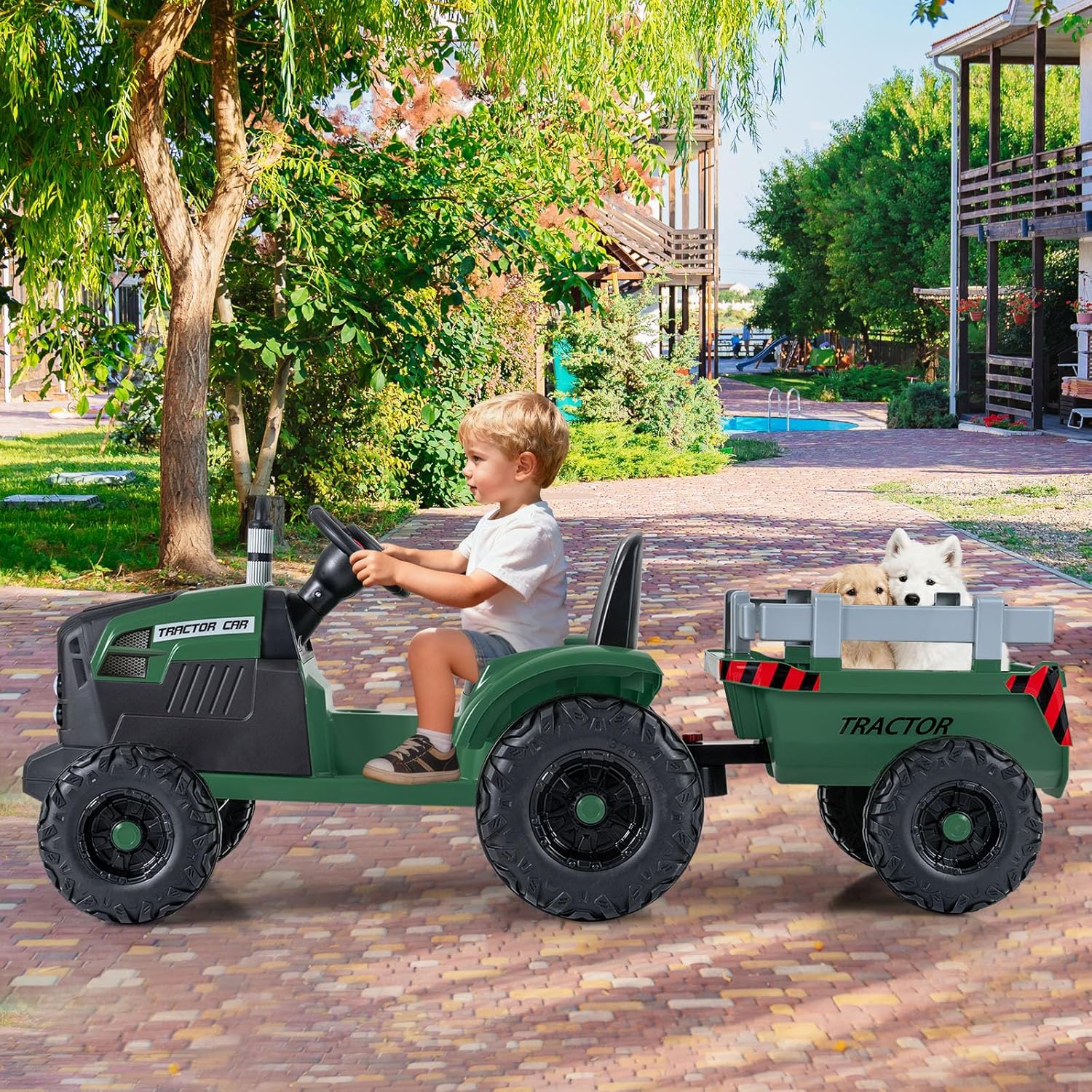 24V Ride on Tractor with Detachable Trailer, Kids' Electric Vehicles with 3 Speeds, 15° Climbing, Wireless Design
