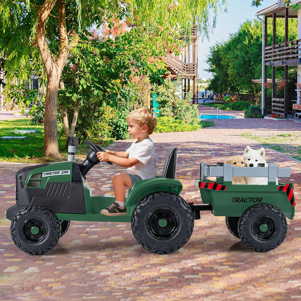 24V Ride On Tractor, Kids Battery Powered Vehicles with Detachable Trailer, Dual Motors, Remote Control, Soft Start &