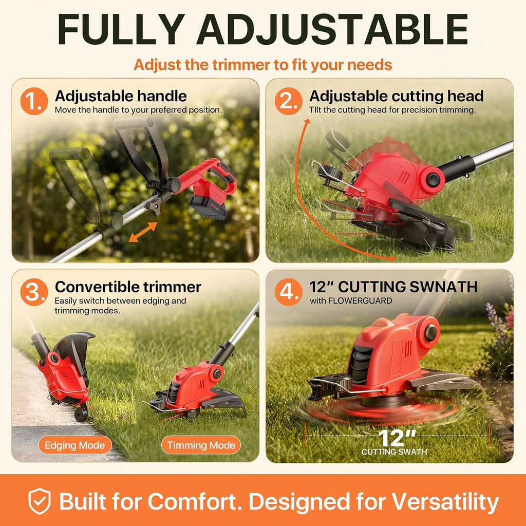 21V Electric Weed Wacker with 2x2.5Ah Battery Powered Weed Eater | 12 Inch Cordless Weed Wacker &Auto Line Feed