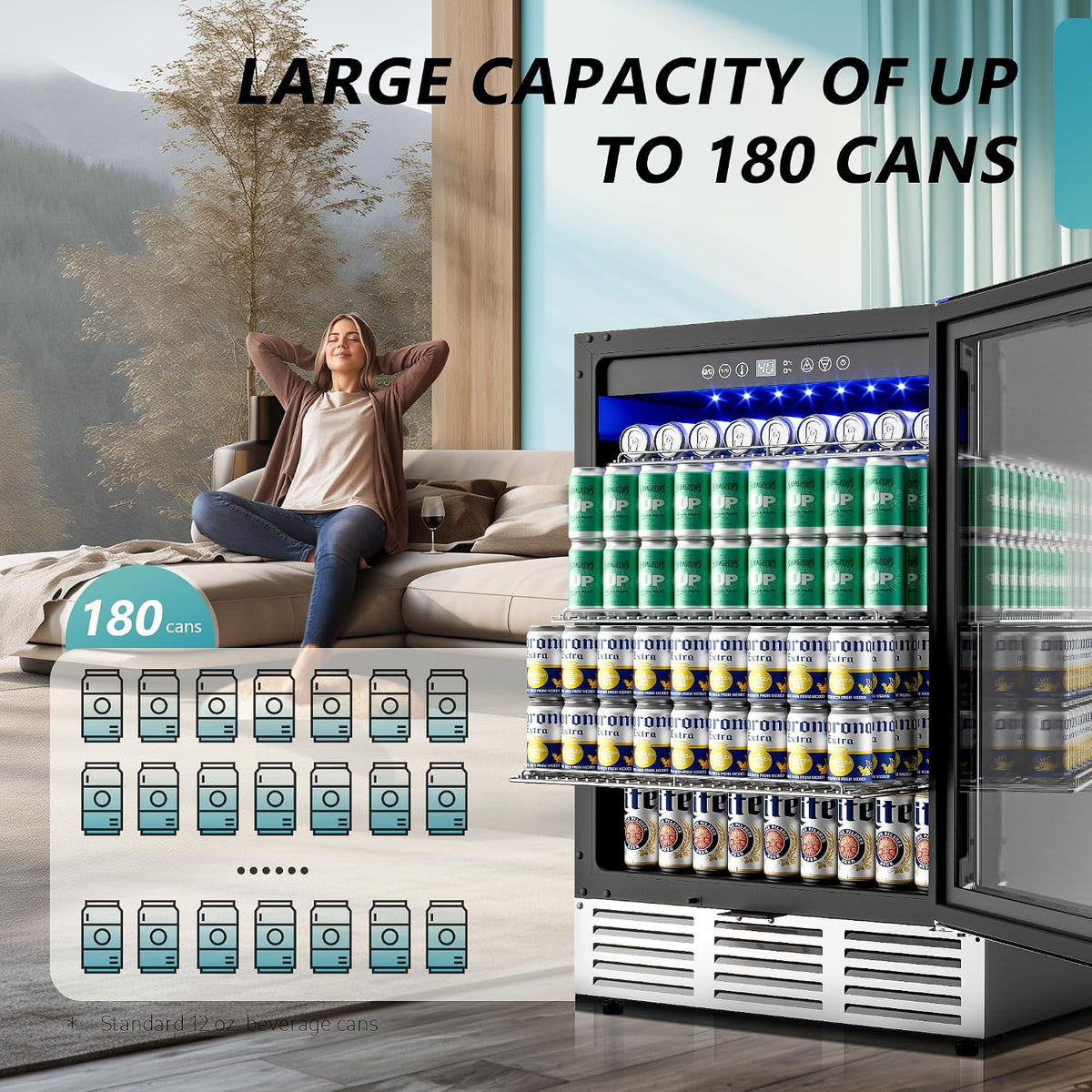 24 Inch Beverage Refrigerator, 180 Can Under Counter Refrigerator