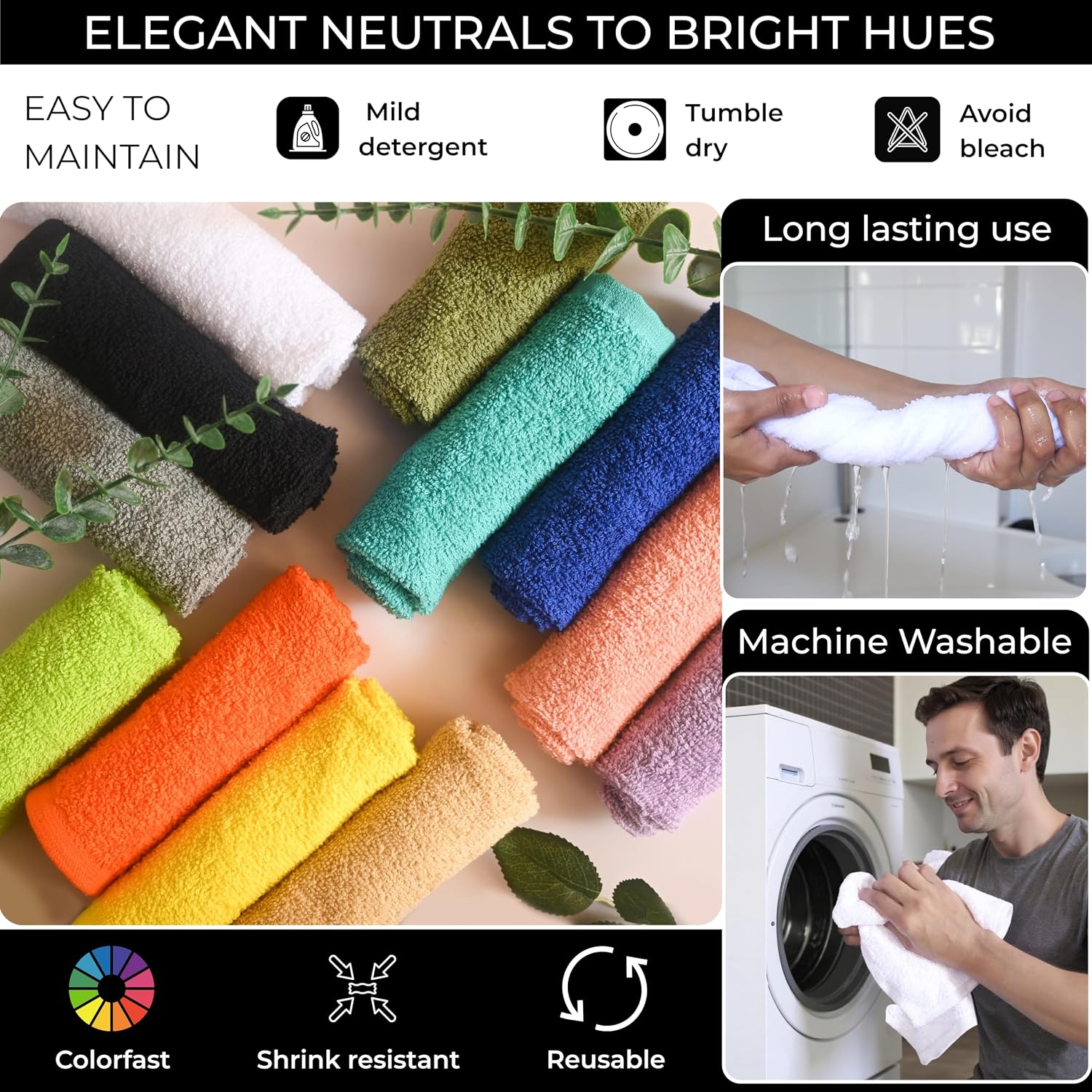 100% Cotton Wash Cloths for Showering Body and Face - 12"X12" Set of 12 Washcloths Variety Colors Pack - Small Terry