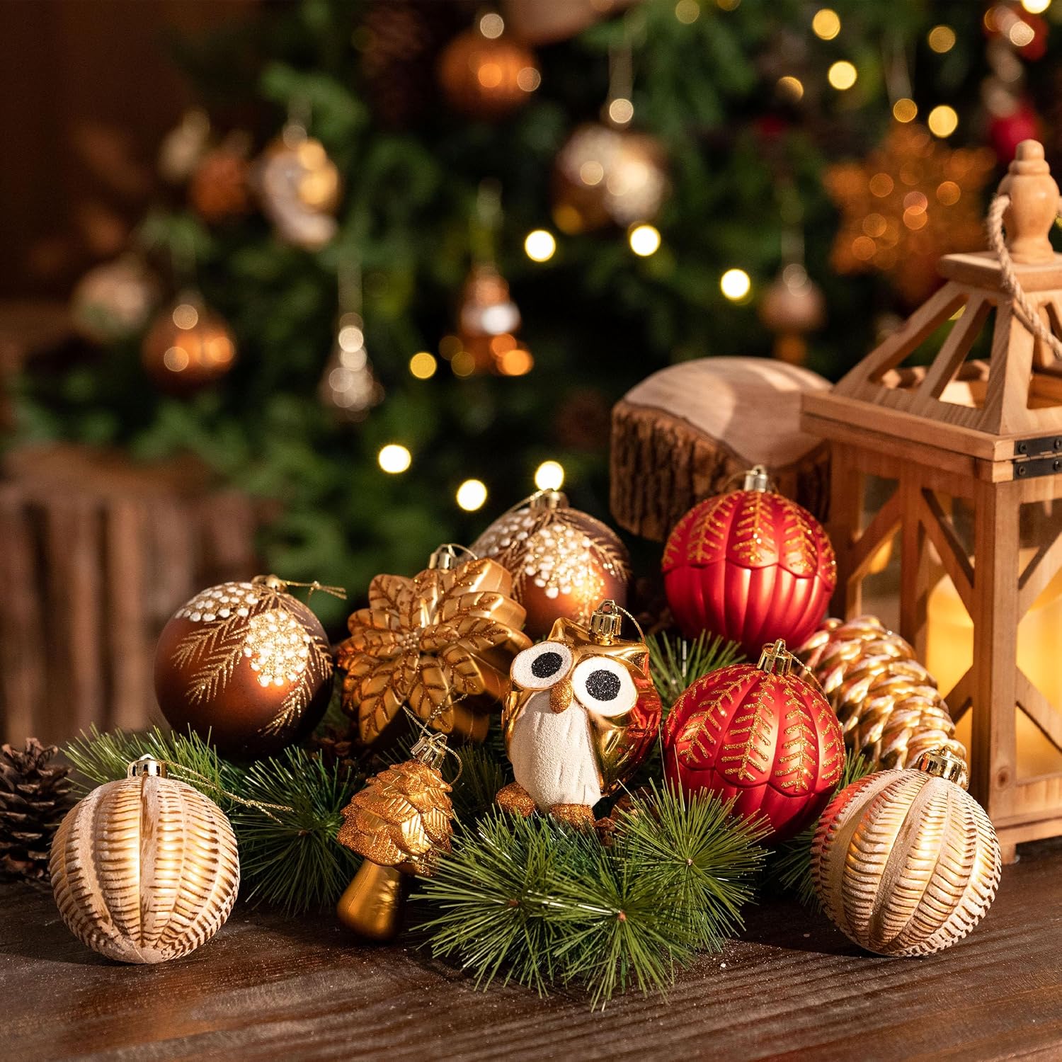 Christmas Ornaments Set, 80ct Red and Brown Shatterproof Christmas Tree Decorations, Woodland Hanging Ball Ornaments