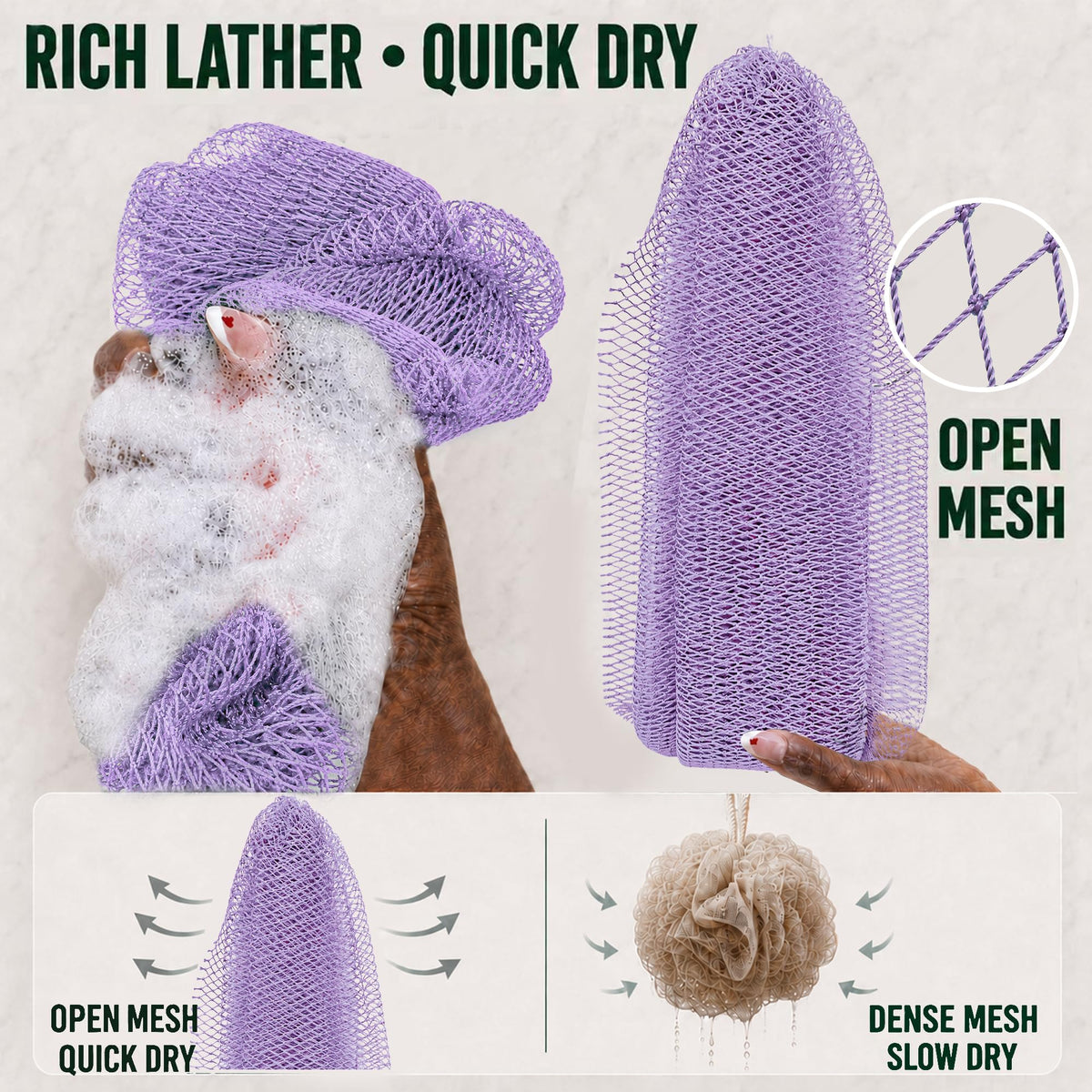 African Net Sponge, Exfoliating Body Scrubber for Back, 2 Pack