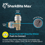 SharkBite Max 1/2 Inch 90 Degree Drop Ear Elbow, Push to Connect Brass Plumbing Fitting, PEX Pipe, Copper, CPVC, PE-RT, HDPE, UR249A