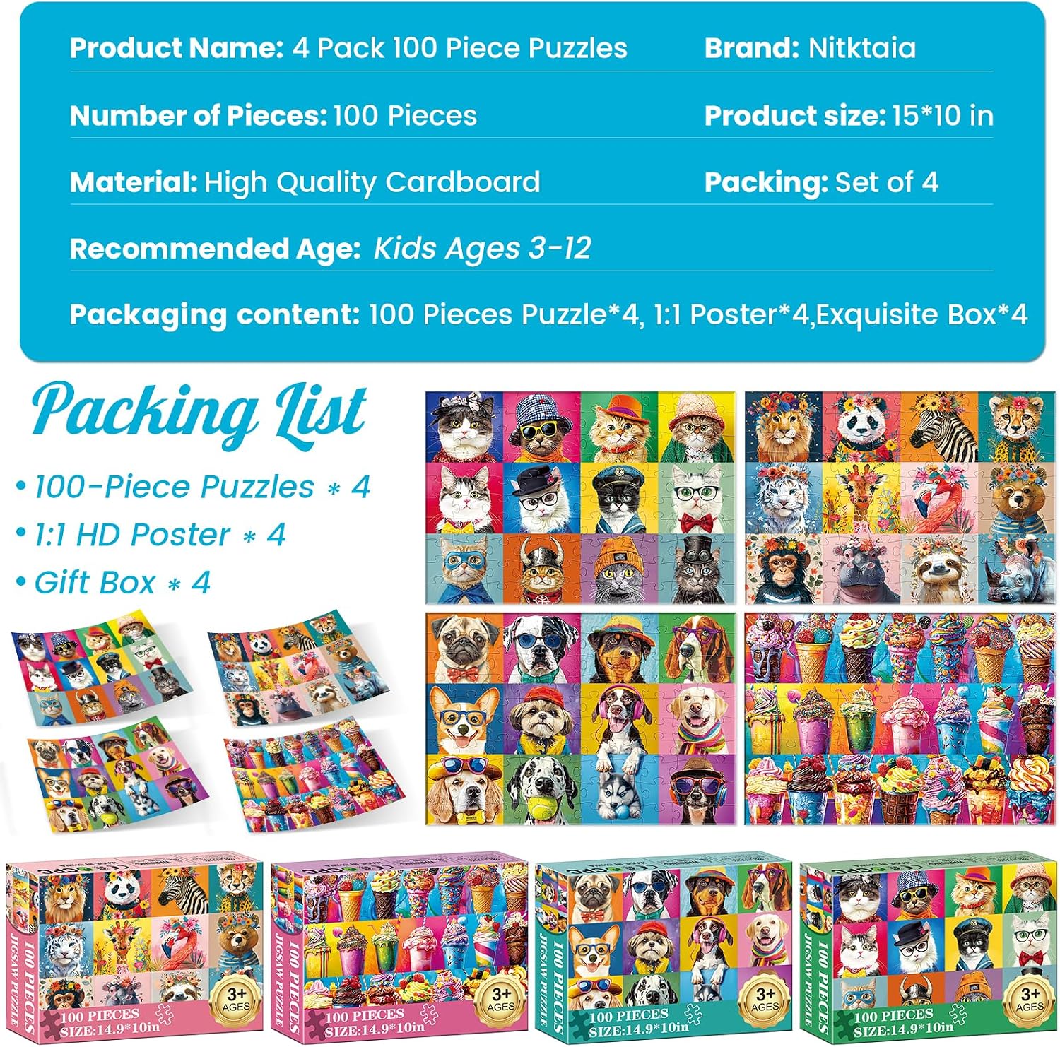 4-Pack 100 Piece Puzzles for Kids Ages 6-8 8-10 - Large Piece Puzzles for Adults Seniors Kids,Dogs Cats Ice Cream