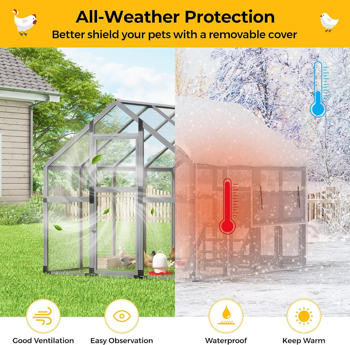 Chicken Coop with Full Waterproof Cover, 9' Extra Large House, Gray