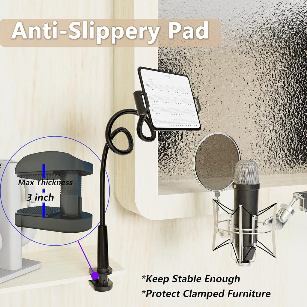 Gooseneck Tablet Holder for Bed, Reinforced Flexible Arm Tablet Stand with 360° Rotation, Hands-Free Clamp Mount for