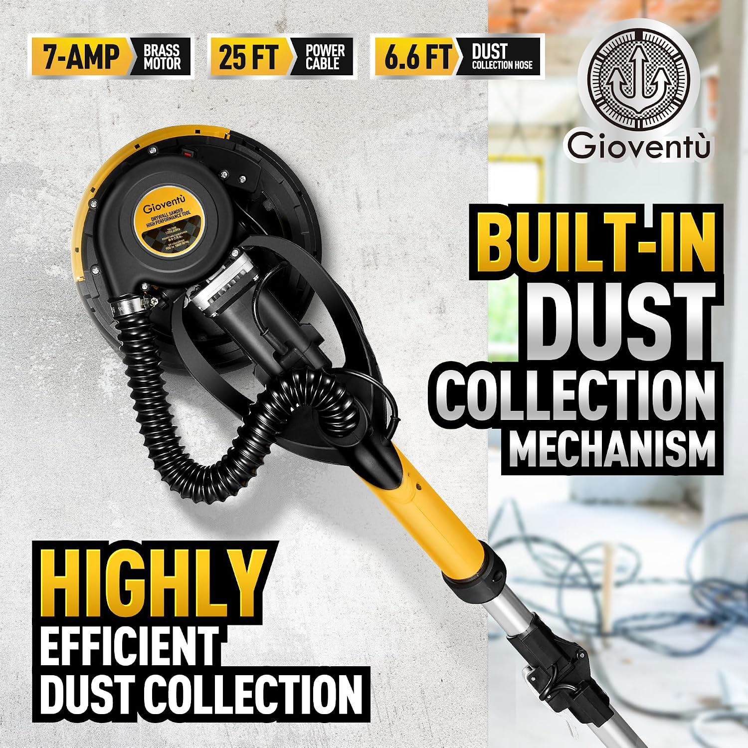 Electric Drywall Vacuum Sander, 750W&NSK Bearing, Dustless for Ceiling&Wall | 95.5% Dust Collection, Variable Speed