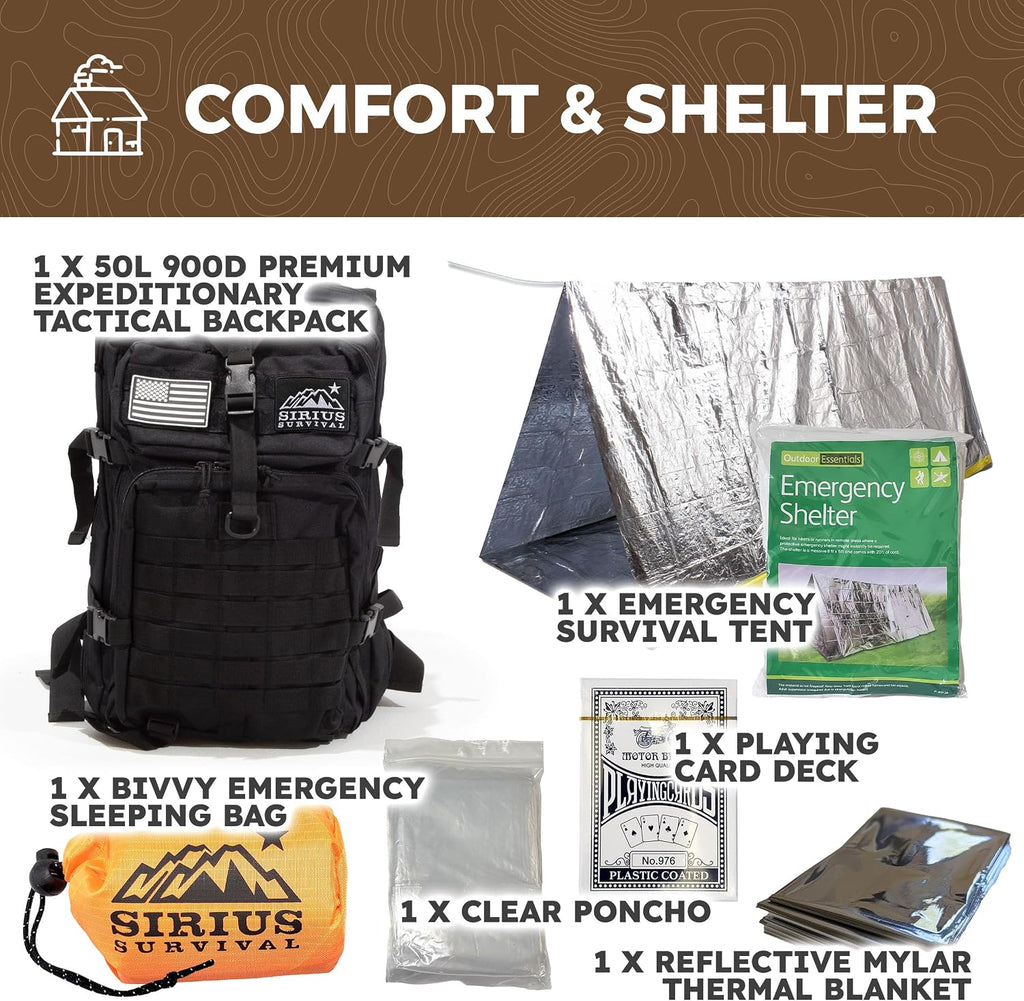 Sirius: Bug Out Bag Starter Kit - 72 Hour Kit for 1 Person – Backpack Survival Kit – 50L Tactical Backpack, US Made